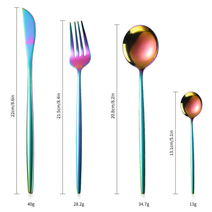 Measurements for the knife, fork, tablespoon, and teaspoon in the flatware set