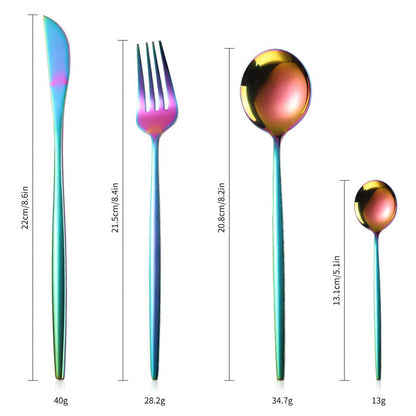 Measurements for the knife, fork, tablespoon, and teaspoon in the flatware set