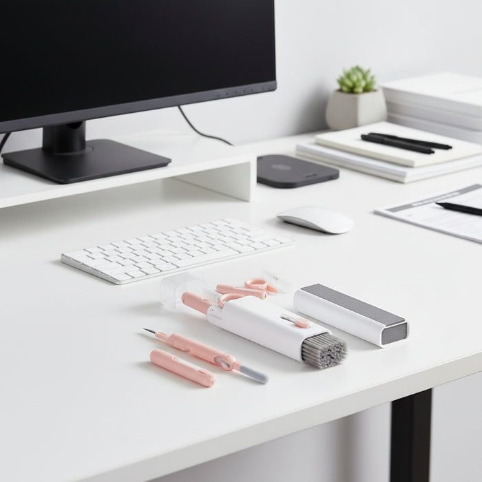 Portable electronics cleaning kit with brush and detailing tools displayed beside a computer keyboard