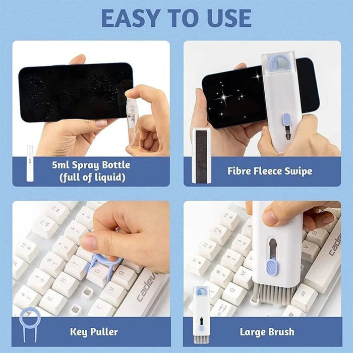 Keyboard cleaning kit showing spray bottle, key puller, fleece swiper, and large cleaning brush