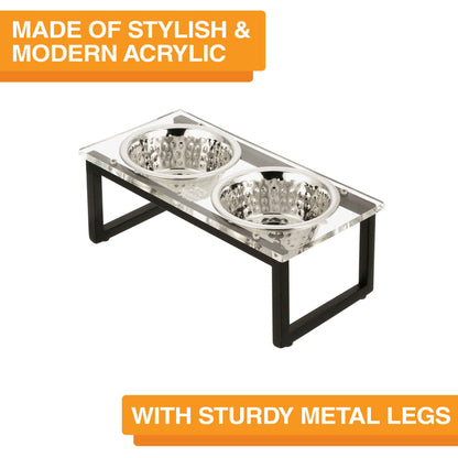 Image of the acrylic feeder against a white background. Text on screen reads: Made of stylish and modern acrylic. With sturdy metal legs.