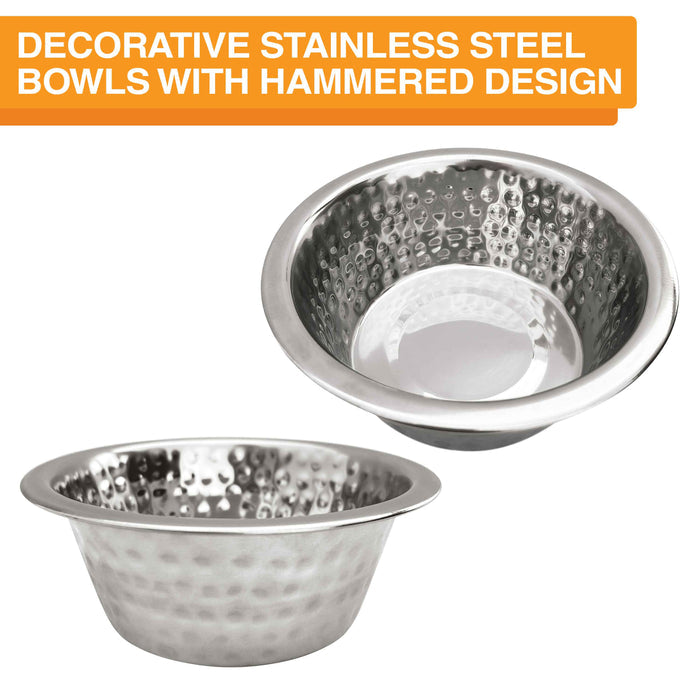 A picture of two hammered bowls from the side and top view. Text on screen reads: Decorative stainless steel bowls with hammered design.