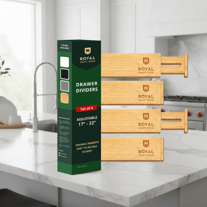 Set of four adjustable bamboo drawer dividers displayed with product packaging