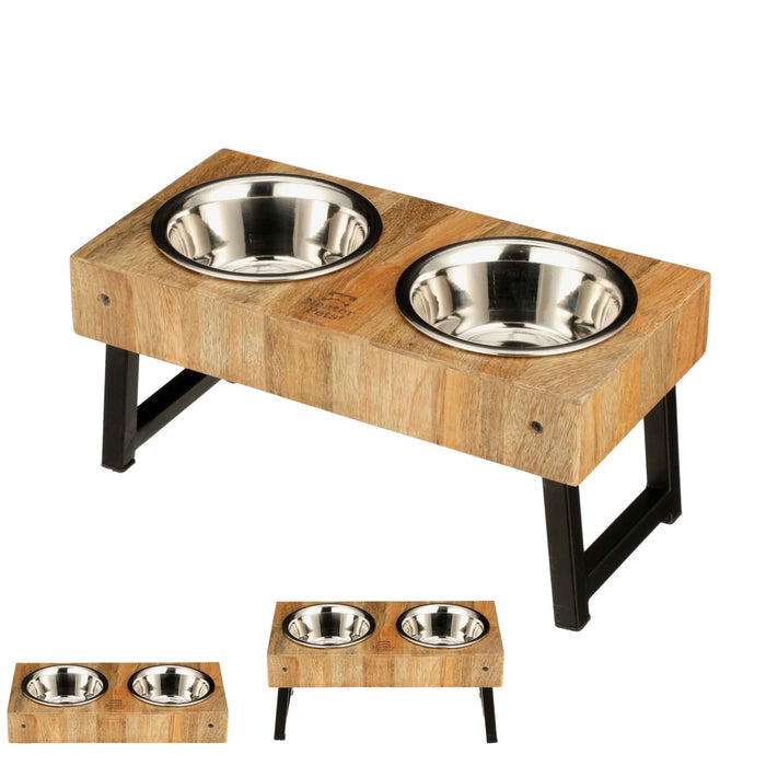 Small Wooden Adjustable Feeder against a white background. Images at the bottom of the screen show how the legs fold up underneath the feeder.