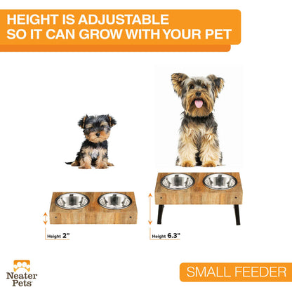 Picture of a puppy and of an adult dog behind the feeder. The puppy is behind the version with the legs folded, and the adult is behind the version with the legs out. Text on screen reads: Height is adjustable, so it can grow with your pet.