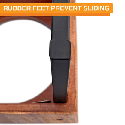 A close-up of the rubber feet on the base of the legs. Text on screen reads: Rubber feet prevent sliding.