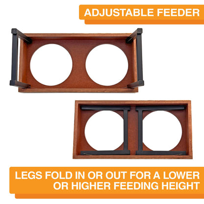 Two images of the feeder lying upside down. One with the legs extended and the other one not against a white background. Text on screen reads: Adjustable feeder. Legs fold in or out for a lower or higher feeding height.