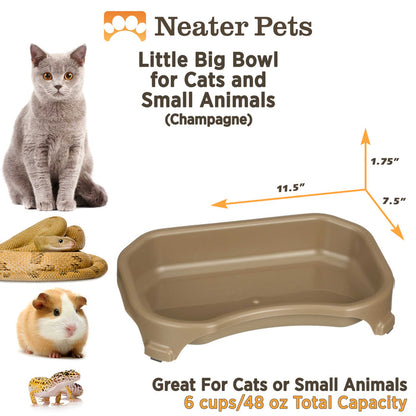 Little Big Bowl for cats and small animals pictured in the middle of the image showing the dimensions. A cat and other animals line the side. Text on screen reads: Great for cats or small animals. 6 cups/48 ox total capacity.