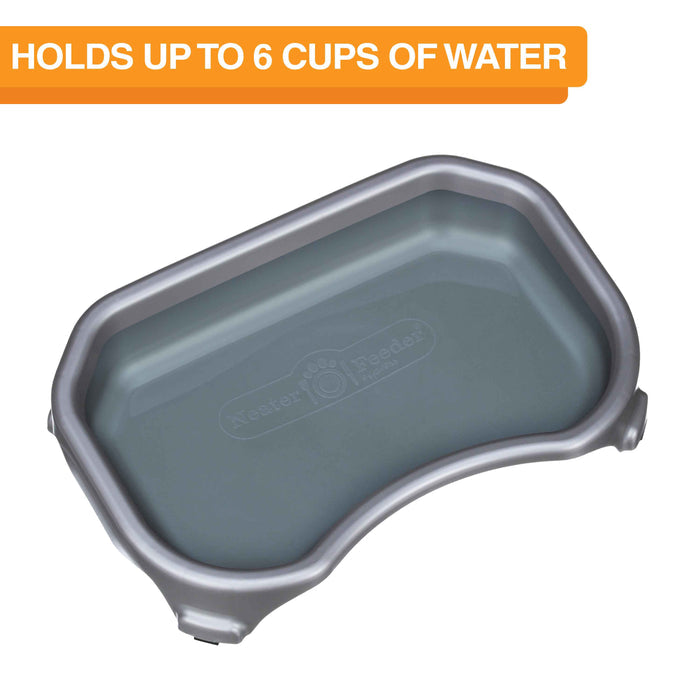 Small Little Big Bowl Cat in Gunmetal Grey with water on a white background. Text on screen reads: Holds up to 6 cups of water.