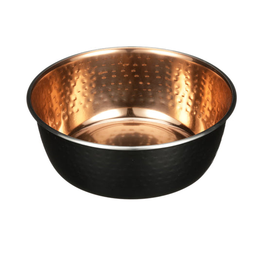 Picture of the black hammered copper bowl from the side on a white background.