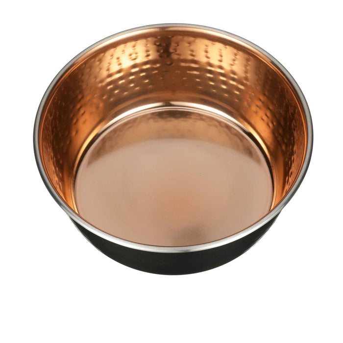 Picture of the black hammered copper bowl from the top on a white background.