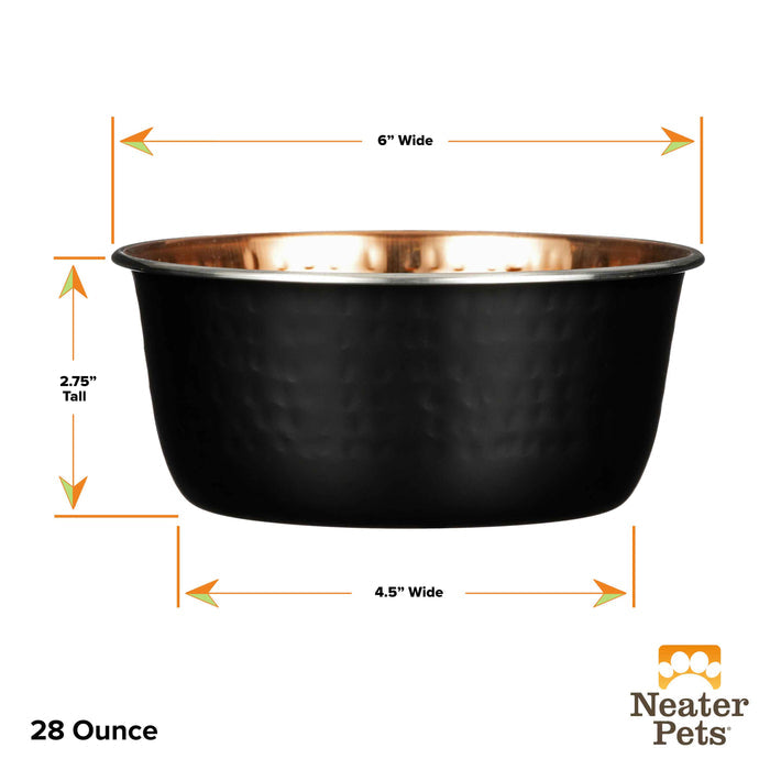 28 ounce sizing guide for Black Hammered Copper Bowl.  6" wide on the top, 2.7" tall and 4.5" wide on the bottom.