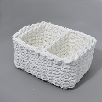 White rectangular woven storage basket with two divided compartments