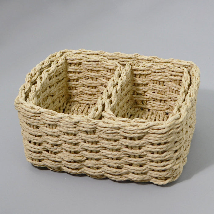 Natural tan rectangular woven storage basket with two divided compartments