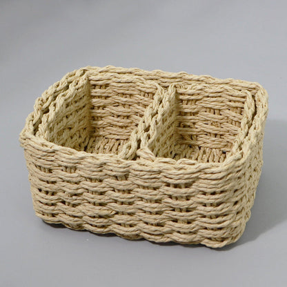 Natural tan rectangular woven storage basket with two divided compartments