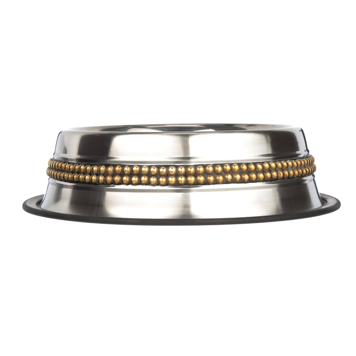 Decorative Brass Beaded Stainless Steel Non-Tip Bowl side view on a white background.