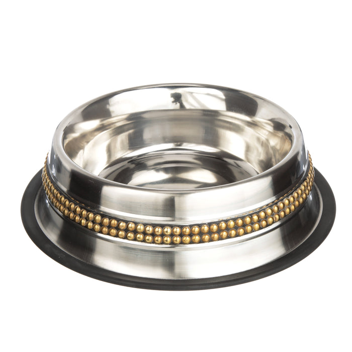 Decorative Brass Beaded Stainless Steel Non-Tip Bowl inside view on a white background.
