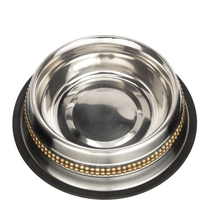 Decorative Brass Beaded Stainless Steel Non-Tip Bowl top view on a white background.
