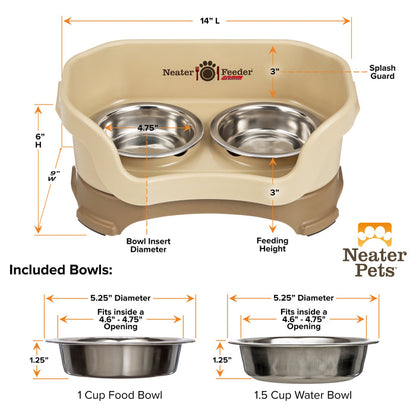 A chart showing the dimensions of the Deluxe Cappuccino Cat Neater Feeder as well as the stainless steel bowls against a white background.