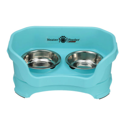 Neater Feeder Deluxe for Cats in Aquamarine with two stainless steel bowls against a white background.
