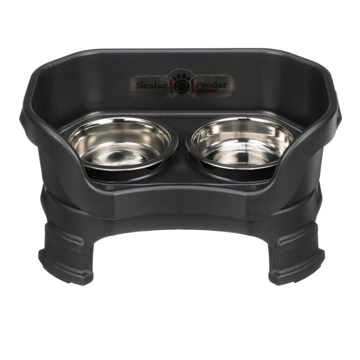Deluxe Neater Feeder cat in Midnight Black with leg extensions with two stainless steel bowls against a white background.