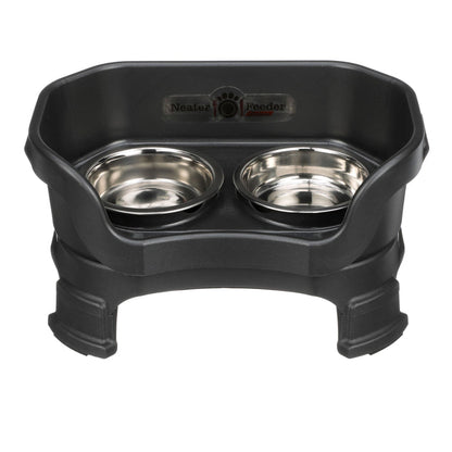 Deluxe Neater Feeder cat in Midnight Black with leg extensions with two stainless steel bowls against a white background.
