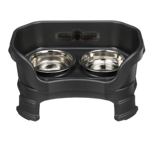 Deluxe Neater Feeder cat in Midnight Black with leg extensions with two stainless steel bowls against a white background.