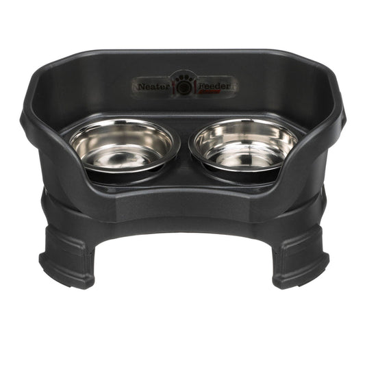 Deluxe Neater Feeder cat in Midnight Black with leg extensions with two stainless steel bowls against a white background.