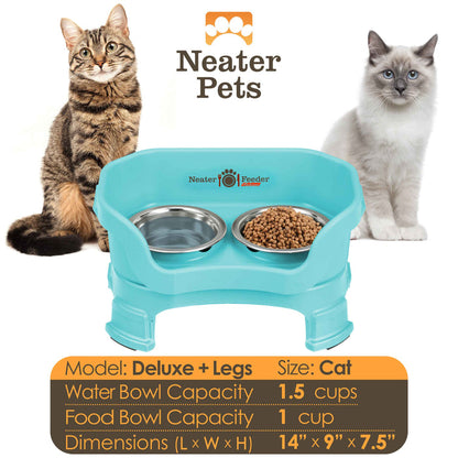 A chart displaying the Deluxe cat with leg extension bowl capacity and dimensions, with two cats on either side of the chart.