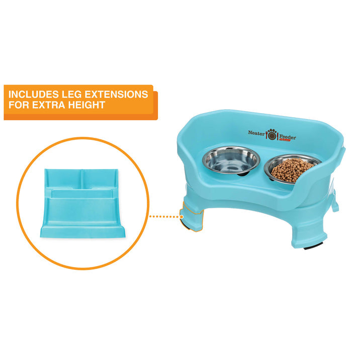 The Neater Feeder Deluxe cat with a close-up of the leg extensions that are included.