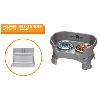 The Neater Feeder Deluxe small with a close-up of the leg extensions that are included.