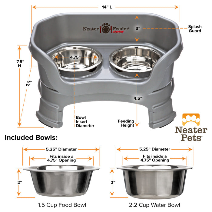 A chart showing the dimensions of the Neater Feeder Deluxe small with leg extensions as well as the stainless steel bowls against a white background.