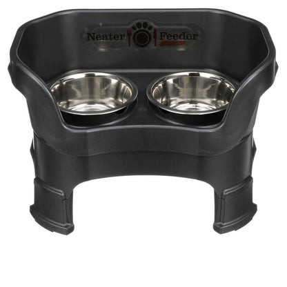 Medium Deluxe Neater Feeder in Midnight Black with leg extensions with two stainless steel bowls against a white background.