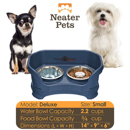A chart displaying the Deluxe small with Slow Feed bowl capacity and dimensions, with two small dogs on either side of the chart.