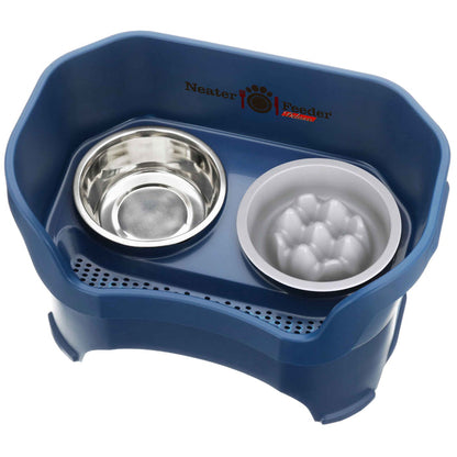 Neater Feeder Deluxe with Niner Slow Feed Bowl and stainless steel water bowl against a white background.