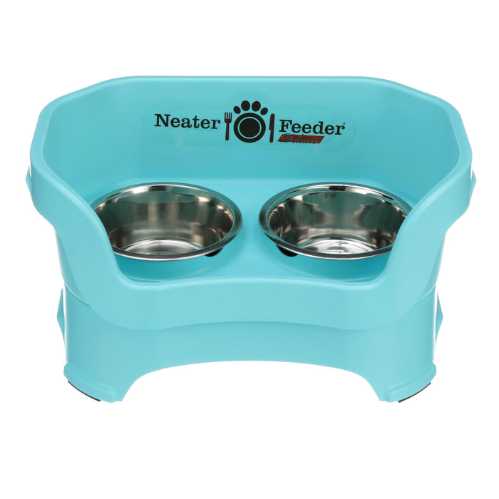 Deluxe Medium Dog Aqua raised Neater Feeder dog bowls with two stainless steel bowls against a white background.