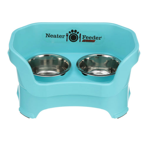 Deluxe Medium Dog Aqua raised Neater Feeder dog bowls with two stainless steel bowls against a white background.