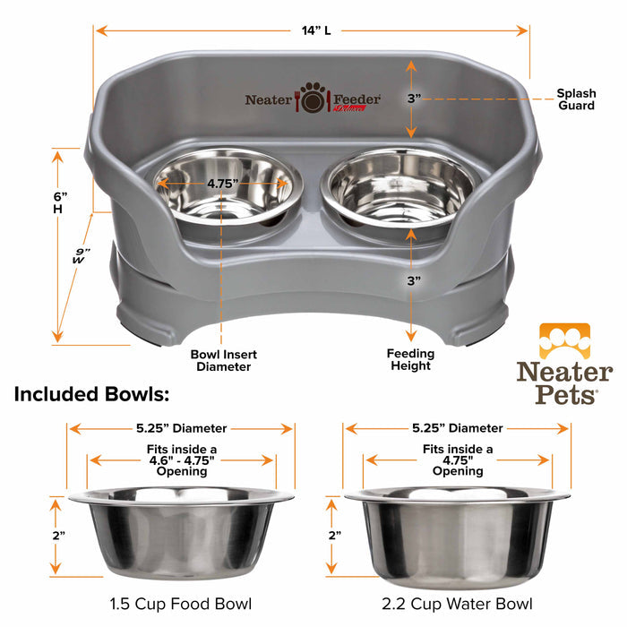 A chart showing the dimensions of the Neater Feeder Deluxe small as well as the stainless steel bowls against a white background.