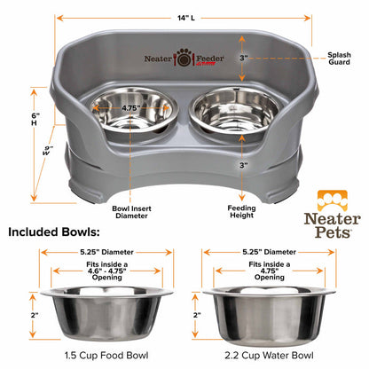 A chart showing the dimensions of the Neater Feeder Deluxe small as well as the stainless steel bowls against a white background.