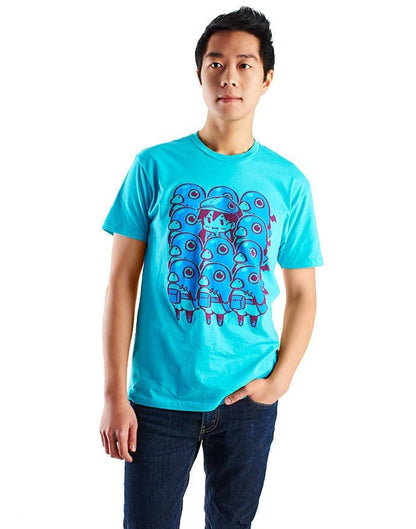 Image of the Prinny Pileup shirt. It is a bright blue shirt with a cartoon illustration in the center.