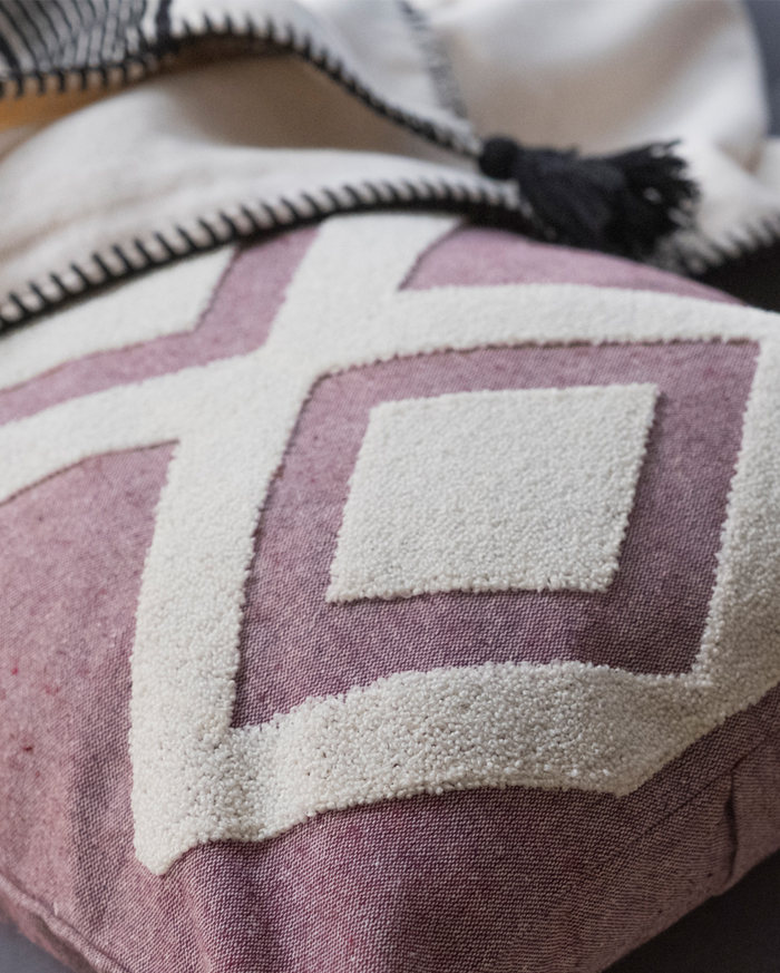 Embroidered Cushion Cover - Pink & Ecru (-)