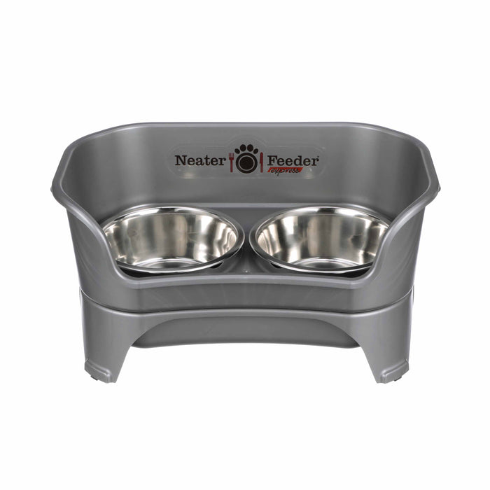 Neater Feeder Express in Gunmetal with two stainless steel bowls against a white background.
