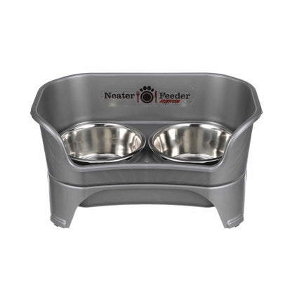 Neater Feeder Express in Gunmetal with two stainless steel bowls against a white background.