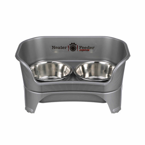 Neater Feeder Express in Gunmetal with two stainless steel bowls against a white background.