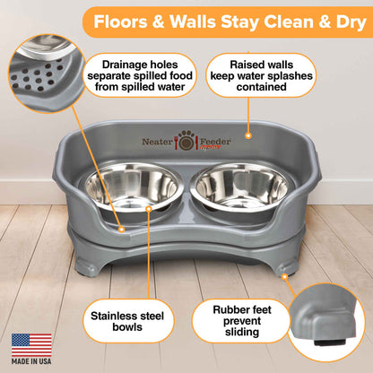 Picture explaining the benefits of the Neater Feeder: drainage holes, raised walls, stainless steel bowls, and rubber feet.