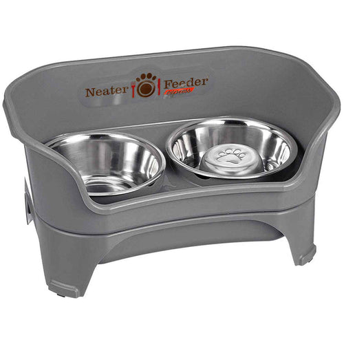 Gunmetal gray EXPRESS Neater Feeder with Stainless Steel Slow Feed Bowl and a regular water bowl against a white background.