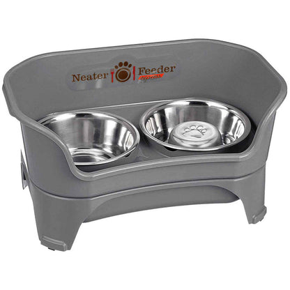Gunmetal gray EXPRESS Neater Feeder with Stainless Steel Slow Feed Bowl and a regular water bowl against a white background.