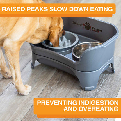 Image explaining the Niner's raised peaks slow down eating to prevent indigestion with a dog eating from the Neater Feeder.