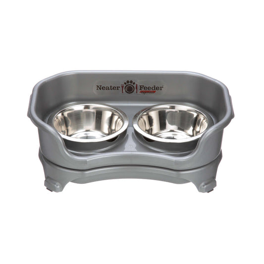 Neater Feeder Express Small Gunmetal with two stainless steel bowls against a white background.
