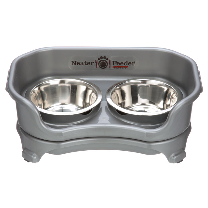Express small Neater Feeder in Gunmetal Grey with two stainless steel bowls against a white background.